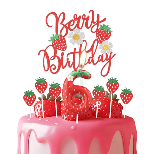 Erdbeere 6 Geburtstagskerzen, rote Erdbeere Nummer 6 Kerze für Kuchen, rote Beere Geburtstagskuchenaufsätze mit weißen Blumen, Erdbeer Themen für Mädchen und Jungen 6th Geburtstag Dekorationen von mciskin