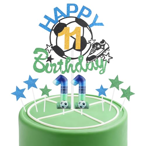 Fußball-Geburtstagskerzen-Kuchenaufsatz-Set, Fußball-Nummer 11, Kerze für Kuchen, Jungen, 11. Geburtstag, blau-grüne Kerzen, Kuchendekoration, Fußball-Kuchendekorationen für von mciskin