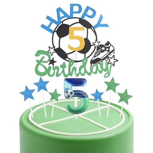 Fußball-Geburtstagskerzen-Kuchenaufsatz-Set, Fußball-Nummer 5, Kerze für Kuchen, Jungen, 5. Geburtstag, blau-grüne Kerzen, Kuchendekoration, Fußball-Kuchendekorationen für Fußball-Motto-Party-Zubehör von mciskin