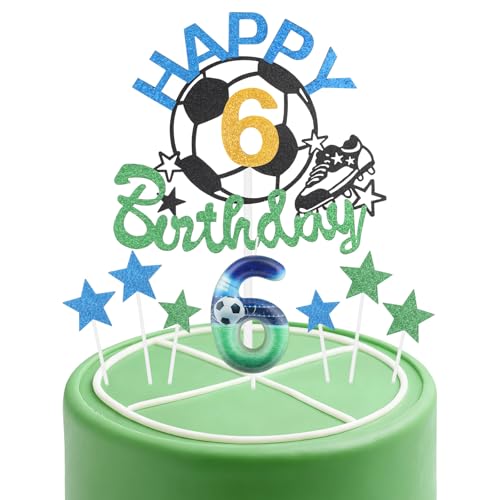 Fußball-Geburtstagskerzen-Kuchenaufsatz-Set, Fußball-Nummer 6, Kerze für Kuchen, Jungen, Dekoration zum 6. Geburtstag, blau-grüne Kerzen, Kuchendekoration, Fußball-Kuchendekorationen für von mciskin