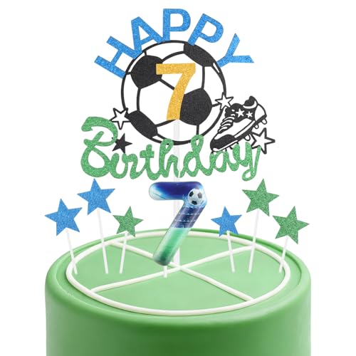 Fußball-Geburtstagskerzen-Kuchenaufsatz-Set, Fußball-Nummer 7, Kerze für Kuchen, Jungen, 7. Geburtstag, blau-grüne Kerzen, Kuchendekoration, Fußball-Kuchendekorationen für Fußball-Motto-Party-Zubehör von mciskin