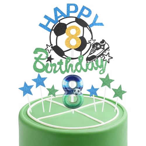 Fußball-Geburtstagskerzen-Kuchenaufsatz-Set, Fußball-Nummer 8, Kerze für Kuchen, Jungen, 8. Geburtstag, blau-grüne Kerzen, Kuchendekoration, Fußball-Kuchendekorationen für Fußball-Motto-Party-Zubehör von mciskin