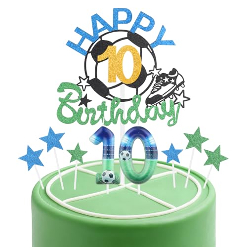 Fußball-Geburtstagskerzen-Kuchenaufsatz-Set, Fußballzahl 10, Kerze für Kuchen, Jungen, Dekoration zum 10. Geburtstag, blau-grüne Kerzen, Kuchendekoration, Fußball-Kuchendekorationen für von mciskin