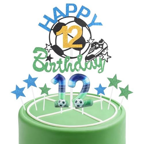 Fußball-Geburtstagskerzen-Kuchenaufsatz-Set, Fußballzahl 12, Kerze für Kuchen, Jungen, 12. Geburtstag, blau-grüne Kerzen, Kuchendekoration, Fußball-Kuchendekorationen für Fußball-Motto-Party-Zubehör von mciskin