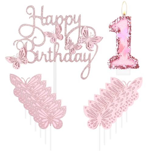 Geburtstagskerze "Happy 1st Butterfly", rosa Nummer 1, Kerze mit Glitzer, Schmetterlingskuchen, Cupcake-Topper für Mädchen, erster Geburtstag, Dekorationen, Mädchen, rosa Schmetterlings-Thema für 1. von mciskin