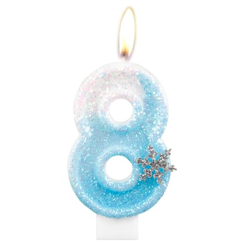 Geburtstagskerzen, glitzernde Zahlenkerze zum 8. Geburtstag, Schneeflocke, Zahl 8, Kerzen für Kuchen, blau-weiße Eiskönigin Kuchen-Kerzen, Toppers für Mädchen, Geburtstagsdekorationen, Partyzubehör Geburtstagskerzen, glitzernde Zahlenkerze zum 8. Geburtstag, Schneeflocke, Zahl 8, Kerzen für Kuchen, blau-weiße Eiskönigin Kuchen-Kerzen, Toppers für Mädchen, Geburtstagsdekorationen, Partyzubehör von mciskin