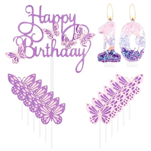 Geburtstagskerzen "Happy 10th Butterfly", Rosa, Lila, Zahl 10, Kerze mit Schmetterling, Cupcake-Topper für Mädchen, 10. Geburtstag, Kuchendekoration, niedlicher 10. Geburtstag, Kuchenaufsatz für Geburtstagskerzen "Happy 10th Butterfly", Rosa, Lila, Zahl 10, Kerze mit Schmetterling, Cupcake-Topper für Mädchen, 10. Geburtstag, Kuchendekoration, niedlicher 10. Geburtstag, Kuchenaufsatz für von mciskin