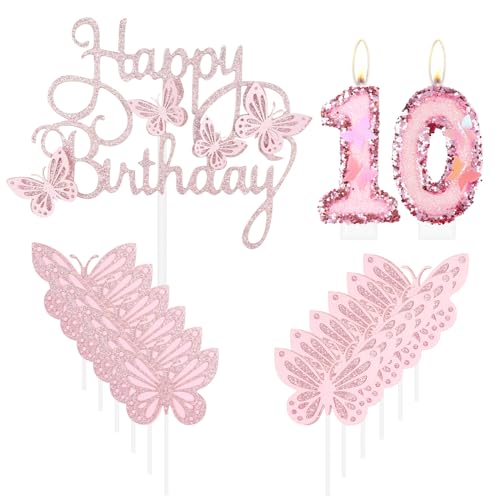 Geburtstagskerzen "Happy 10th Butterfly", rosa Kuchenkerze, rosa Nummer 10, Kerze mit Glitzer, Schmetterlingskuchen, Cupcake-Topper für Mädchen, Geburtstagsparty, Mädchen, rosa Schmetterlings-Thema von mciskin