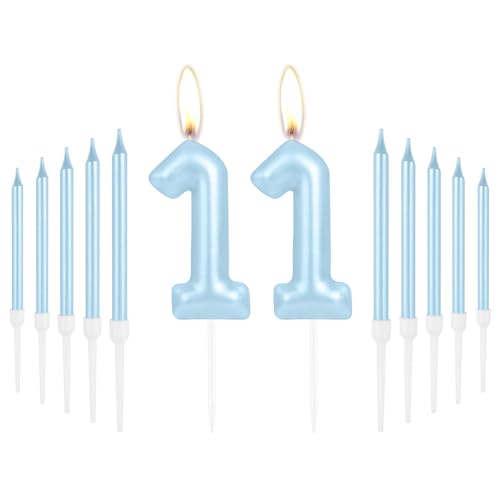 Geburtstagskerzen "Happy 11th Birthday", blaue lange Stab-Geburtstagskerzen, Zahl 11 Kerze, Geburtstagskerzen für Kuchen, Kuchendekoration, für Jungen, Mädchen, Geburtstagsparty, 11. Hochzeitstag, von mciskin