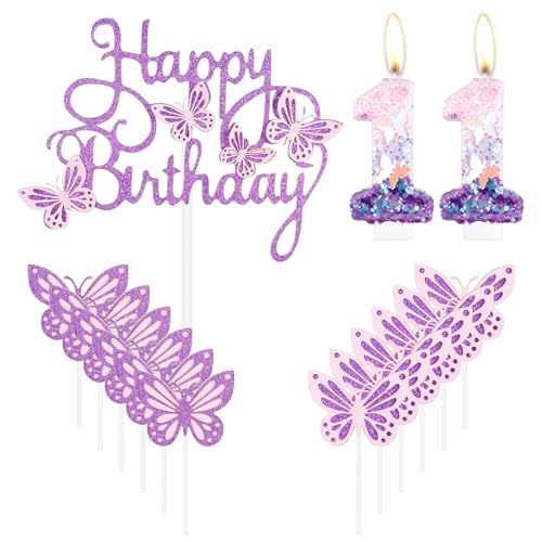 Geburtstagskerzen "Happy 11th Butterfly", Rosa, Lila, Zahl 11, Kerze mit Schmetterling, Cupcake-Topper für Mädchen, 11. Geburtstag, Kuchendekoration, niedlicher 11. Geburtstag, Kuchenaufsatz für Geburtstagskerzen "Happy 11th Butterfly", Rosa, Lila, Zahl 11, Kerze mit Schmetterling, Cupcake-Topper für Mädchen, 11. Geburtstag, Kuchendekoration, niedlicher 11. Geburtstag, Kuchenaufsatz für von mciskin