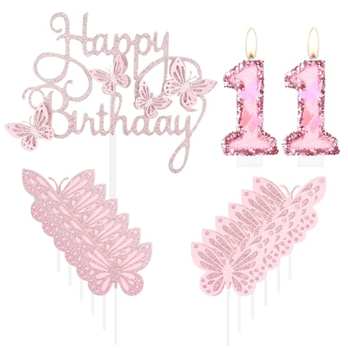 Geburtstagskerzen "Happy 11th Butterfly", rosa Kuchenkerze, rosa Nummer 11, Kerze mit Glitzer, Schmetterlingskuchen, Cupcake-Topper für Mädchen, Geburtstagsparty, Mädchen, rosa Schmetterlings-Thema von mciskin