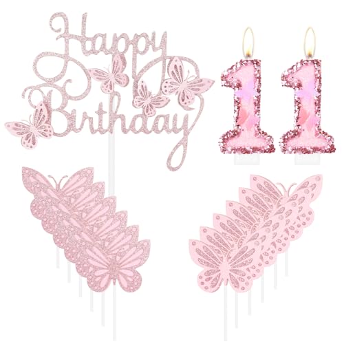 Geburtstagskerzen "Happy 11th Butterfly", rosa Kuchenkerze, rosa Nummer 11, Kerze mit Glitzer, Schmetterlingskuchen, Cupcake-Topper für Mädchen, Geburtstagsparty, Mädchen, rosa Schmetterlings-Thema Geburtstagskerzen "Happy 11th Butterfly", rosa Kuchenkerze, rosa Nummer 11, Kerze mit Glitzer, Schmetterlingskuchen, Cupcake-Topper für Mädchen, Geburtstagsparty, Mädchen, rosa Schmetterlings-Thema von mciskin