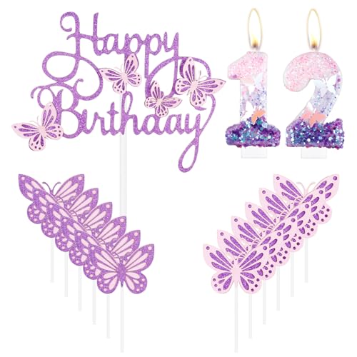 Geburtstagskerzen "Happy 12th Butterfly", Rosa, Lila, Zahl 12, Kerze mit Schmetterling, Cupcake-Topper für Mädchen, 12. Geburtstag, Kuchendekoration Geburtstagskerzen "Happy 12th Butterfly", Rosa, Lila, Zahl 12, Kerze mit Schmetterling, Cupcake-Topper für Mädchen, 12. Geburtstag, Kuchendekoration von mciskin