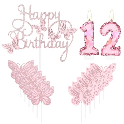 Geburtstagskerzen "Happy 12th Butterfly", rosa Kuchenkerze, rosa Zahl 12, Kerze mit Glitzer, Schmetterlingskuchen, Cupcake-Topper für Mädchen, Geburtstagsparty, Mädchen, rosa Schmetterlings-Thema für von mciskin