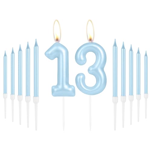 Geburtstagskerzen "Happy 13th Birthday", blaue lange Stab-Geburtstagskerzen, Zahl 13 Kerze, Geburtstagskerzen für Kuchen, Kuchendekoration, für Jungen, Mädchen, Geburtstagsparty, 13. Hochzeitstag, von mciskin