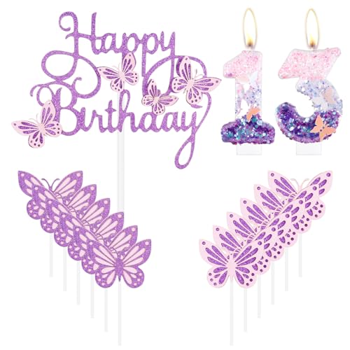 Geburtstagskerzen "Happy 13th Butterfly", Rosa, Lila, Zahl 13, Kerze mit Schmetterling, Cupcake-Topper für Mädchen, 13. Geburtstag, Kuchendekoration von mciskin