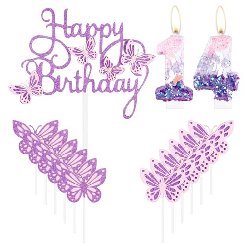 Geburtstagskerzen "Happy 14th Butterfly", Rosa, Lila, Zahl 14, Kerze mit Schmetterling, Cupcake-Topper für Mädchen, 14. Geburtstag, Kuchendekoration, niedlicher 14. Geburtstagskerzen "Happy 14th Butterfly", Rosa, Lila, Zahl 14, Kerze mit Schmetterling, Cupcake-Topper für Mädchen, 14. Geburtstag, Kuchendekoration, niedlicher 14. von mciskin