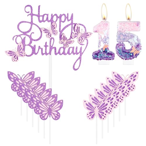 Geburtstagskerzen "Happy 15th Butterfly", Rosa, Lila, Zahl 15, Kerze mit Schmetterling, Cupcake-Topper für Mädchen, 15. Geburtstag, Kuchendekoration Geburtstagskerzen "Happy 15th Butterfly", Rosa, Lila, Zahl 15, Kerze mit Schmetterling, Cupcake-Topper für Mädchen, 15. Geburtstag, Kuchendekoration von mciskin