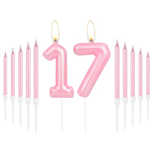Geburtstagskerzen "Happy 17th Birthday", rosa langer Stab, Geburtstagskerzen, Zahl 17, Geburtstagskerzen für Kuchen, Kuchendekoration, für Frauen, Mädchen, Geburtstagsparty, 17. Hochzeitstag, von mciskin