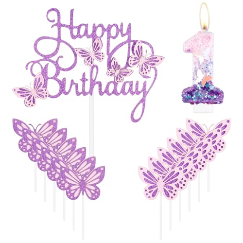 Geburtstagskerzen "Happy 1st Butterfly", rosa lila Nummer 1 Kerze mit Schmetterlingskuchen-Cupcake-Topper für Mädchen, Kuchendekorationen zum 1. Geburtstag, niedlicher 1. Geburtstag, Kuchenaufsatz für von mciskin