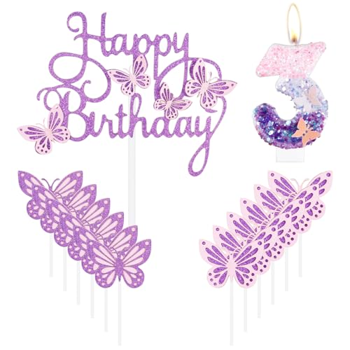 Geburtstagskerzen "Happy 3rd Butterfly", rosa lila Nummer 3 mit Schmetterlingskuchen, Cupcake-Topper für Mädchen, Kuchendekorationen zum 3. Geburtstag, niedlicher 3. Geburtstag, Kuchenaufsatz für von mciskin
