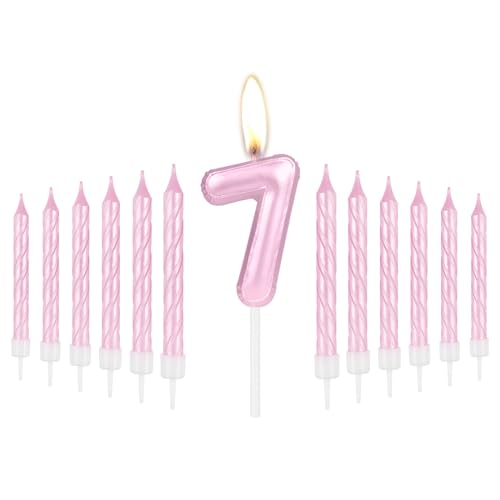 Geburtstagskerzen-Set "Happy 7th Birthday", rosa Spiralkerzen, niedlicher 7-Kerzen-Kuchen-Cupcake-Topper für Mädchen, rosa Geburtstagsdekorationen für sie, rosa Thema für 7. Geburtstag, Hochzeitstag, von mciskin