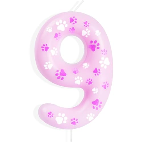 Geburtstagskerzen mit Hundepfotenabdruckmotiv, rosa 9th Geburtstagskerzen, rosa Hundepfotenabdruck Zahl 9 Kerzen, Kuchenaufsatz für Jungen Mädchen,9th Geburtstag Dekoration, Haustier-Partyzubehör von mciskin