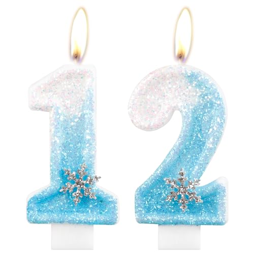 Geburtstagskerzen zum 12. Geburtstag, glitzernde Zahlenkerze, Schneeflocke, Zahl 12, Kerzen für Kuchen, blau-weiße Eiskönigin-Kuchenaufsätze für Mädchen, Geburtstagsdekorationen, Partyzubehör von mciskin