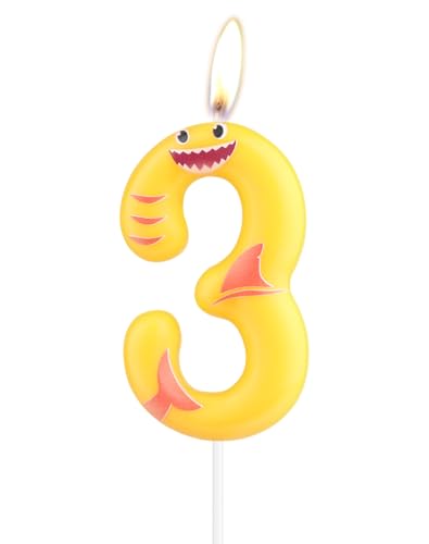Gelbe Hai-Kerzen, Zahl 3, Geburtstagskerzen, Hai-Party-Topper für Kuchen, 3. Happy Birthday-Kerze, Hai-Themenparty-Dekorationen für Jungen, Mädchen, Baby Gelbe Hai-Kerzen, Zahl 3, Geburtstagskerzen, Hai-Party-Topper für Kuchen, 3. Happy Birthday-Kerze, Hai-Themenparty-Dekorationen für Jungen, Mädchen, Baby von mciskin