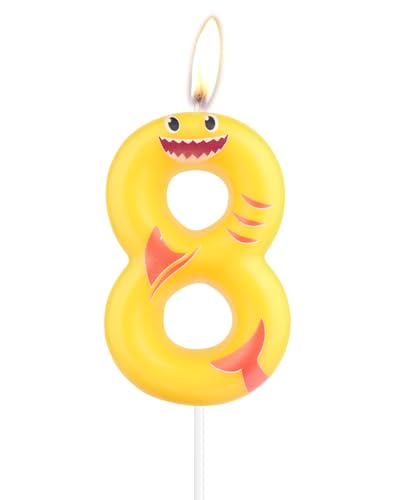 Gelbe Hai-Kerzen, Zahl 8, Geburtstagskerzen, Hai-Party-Topper für Kuchen, 8. Happy Birthday-Kerze, Hai-Themenparty-Dekorationen für Jungen, Mädchen, Baby Gelbe Hai-Kerzen, Zahl 8, Geburtstagskerzen, Hai-Party-Topper für Kuchen, 8. Happy Birthday-Kerze, Hai-Themenparty-Dekorationen für Jungen, Mädchen, Baby von mciskin