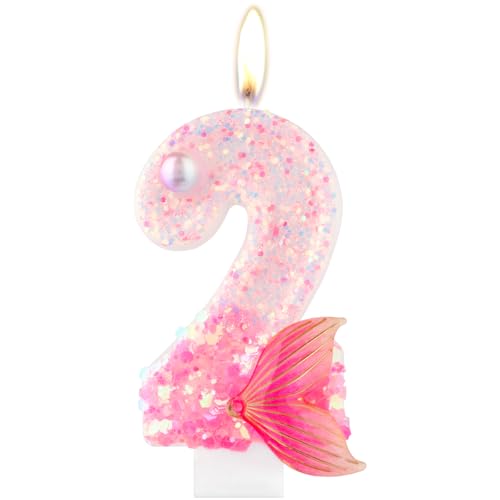 Glitter Geburtstags Nummer Kerze, Rosa 2nd Geburtstagskerzen mit Meerjungfrau Schwanz, Rosa Zahl 2 Kerze für Kuchen, Jungen Mädchen 2nd Geburtstag Dekorationen, Meerjungfrau Thema Geburtstag Party von mciskin