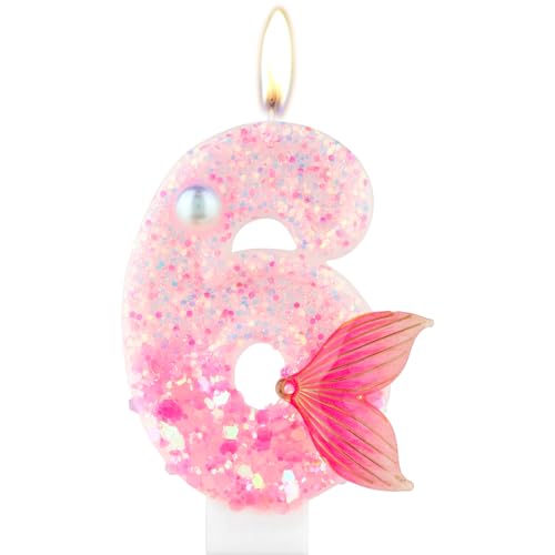 Glitter Geburtstags Nummer Kerze, Rosa 6th Geburtstagskerzen mit Meerjungfrau Schwanz, Rosa Zahl 6 Kerze für Kuchen, Jungen Mädchen 6th Geburtstag Dekorationen, Meerjungfrau Thema Geburtstag Party von mciskin