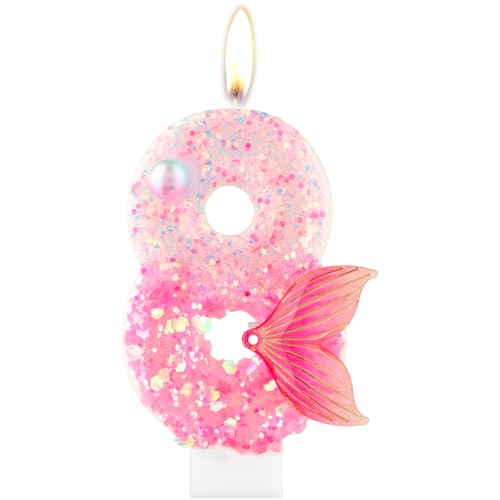 Glitter Geburtstags Nummer Kerze, Rosa 8th Geburtstagskerzen mit Meerjungfrau Schwanz, Rosa Zahl 8 Kerze für Kuchen, Jungen Mädchen 8th Geburtstag Dekorationen, Meerjungfrau Thema Geburtstag Party von mciskin