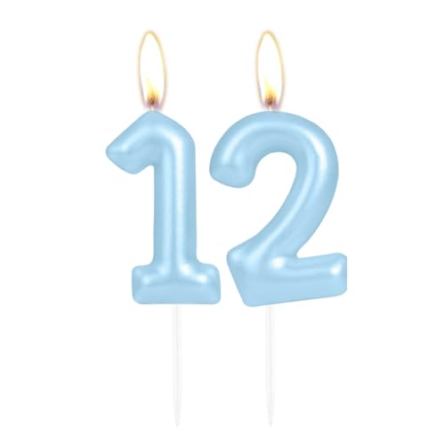 Glitzernde hellblaue Zahlenkerze zum 12. Geburtstag, Perlblau, Zahl 12, Kuchenkerze, Geburtstagskuchenaufsatz, Cupcake-Dekoration, Mädchen, Jungen, Hochzeitstag von mciskin