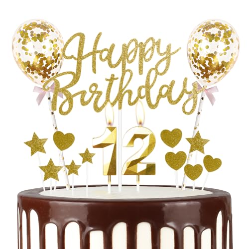 Gold 12th Geburtstag Kerze, Gold Alles Gute zum Geburtstag Kuchen Topper, Gold Ballons, Gold Zahl 12 Kerzen für Kuchen,Gold Kerzen Kuchen Topper für Mädchen Jungen Frauen Geburtstag Party Dekor Gold 12th Geburtstag Kerze, Gold Alles Gute zum Geburtstag Kuchen Topper, Gold Ballons, Gold Zahl 12 Kerzen für Kuchen,Gold Kerzen Kuchen Topper für Mädchen Jungen Frauen Geburtstag Party Dekor von mciskin