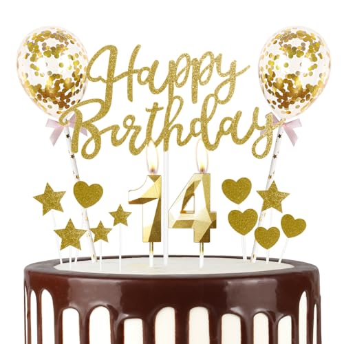 Gold Happy 14th Birthday Kerzen mit Glitzer Happy Birthday Cake Topper, Gold Happy Birthday Luftballons, Zahl 14 Kerzen für Kuchen, Gold Kerzen Kuchen Topper für Mädchen Frauen Männer von mciskin