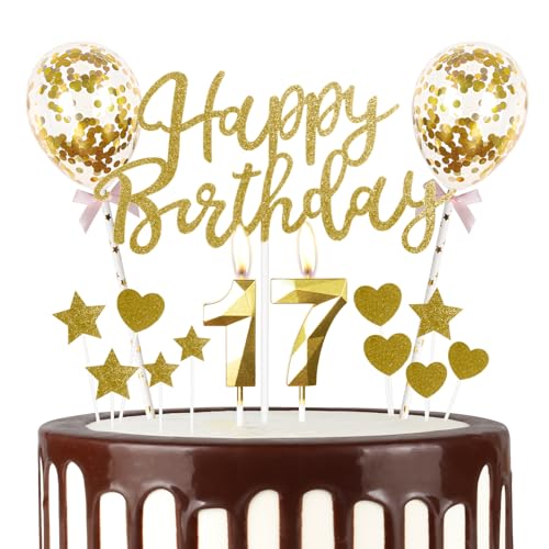 Gold Happy 17th Birthday Kerzen mit Glitzer Happy Birthday Cake Topper Gold Happy Birthday Luftballons Zahl 17 Kerzen für Kuchen Gold Kerzen Kuchen Topper für Mädchen Frauen Männer von mciskin