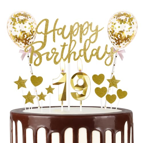 Gold Happy 19th Birthday Kerzen mit Glitzer Happy Birthday Cake Topper Gold Happy Birthday Luftballons Zahl 19 Kerzen für Kuchen Gold Kerzen Kuchen Topper für Mädchen Frauen Männer von mciskin