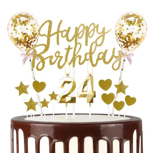 Gold Happy 24th Birthday Kerzen mit Glitzer Happy Birthday Cake Topper, Gold Happy Birthday Luftballons, Zahl 24 Kerzen für Kuchen, Gold Kerzen Kuchen Topper für Mädchen Frauen Männer von mciskin