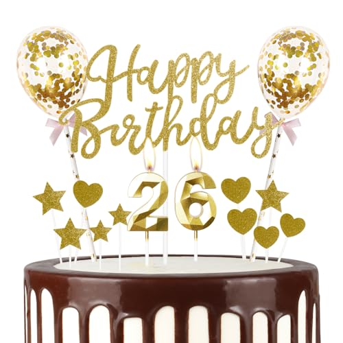 Gold Happy 26th Birthday Kerzen mit Glitzer Happy Birthday Cake Topper, Gold Happy Birthday Luftballons, Zahl 26 Kerzen für Kuchen, Gold Kerzen Kuchen Topper für Mädchen Frauen Männer von mciskin