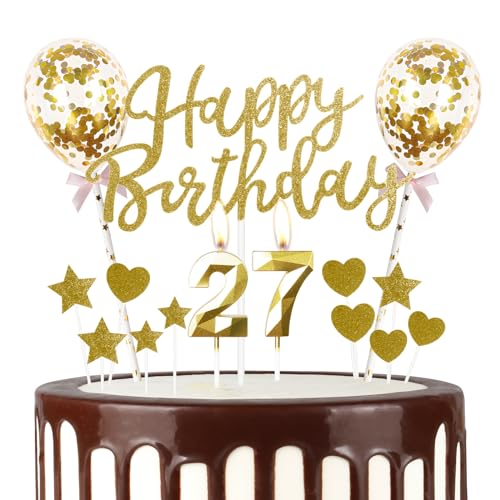 Gold Happy 27th Birthday Kerzen mit Glitzer Happy Birthday Cake Topper Gold Happy Birthday Luftballons Zahl 27 Kerzen für Kuchen Gold Kerzen Kuchen Topper für Mädchen Frauen Männer von mciskin