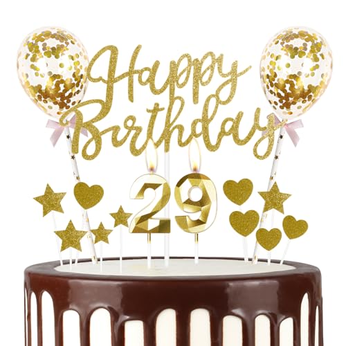 Gold Happy 29th Birthday Kerzen mit Glitzer Happy Birthday Cake Topper, Gold Happy Birthday Luftballons, Zahl 29 Kerzen für Kuchen, Gold Kerzen Kuchen Topper für Mädchen Frauen Männer von mciskin