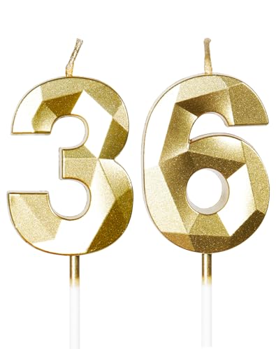 Gold Kerzen zum 36th Geburtstag, 3D Gold Zahl 36 Kerze für Kuchen, Frauen Männer 36th Geburtstag Dekorationen, Gold Kuchendekorationen, Gold Kerze Kuchen für Geburtstagsfeier Hochzeitstag von mciskin