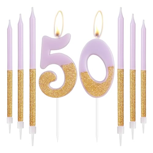 Gold Lila Geburtstagskerzen, Gold Zahl 50 Kerzen mit Lange Kerzen, Lila Happy 50th Birthday Kerzen für Kuchen, Mädchen 50 Geburtstag Kuchen Dekorationen, Geburtstag Kuchen Topper, Hochzeitstag Gold Lila Geburtstagskerzen, Gold Zahl 50 Kerzen mit Lange Kerzen, Lila Happy 50th Birthday Kerzen für Kuchen, Mädchen 50 Geburtstag Kuchen Dekorationen, Geburtstag Kuchen Topper, Hochzeitstag von mciskin