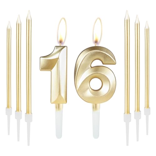 Goldene 16 Geburtstag Kuchen Kerze, Geburtstag Zahl Kerze mit 6 Lange Kerzen, 16 Geburtstag Kerzen Set, Golden Candle Cake Topper für Kuchen Kerze Dekoration Geburtstagsfeier Hochzeitstag von mciskin