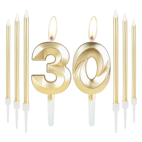 Goldene 30 Geburtstag Kuchen Kerze, Geburtstag Zahl Kerze mit 6 Lange Kerzen, 30 Geburtstag Kerzen Set, Goldene Kerze Cake Topper für Kuchen Kerze Dekoration Geburtstagsfeier Hochzeitstag von mciskin