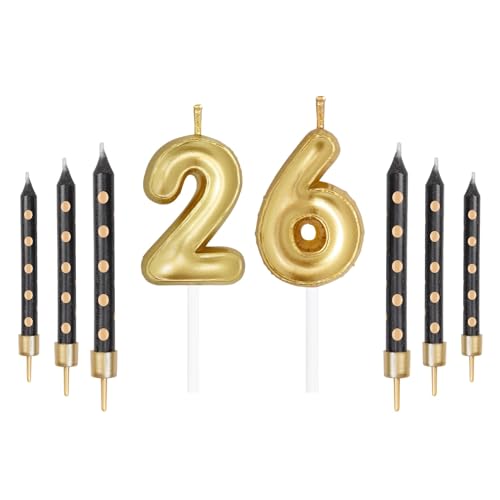 Goldene Zahlenkerzen mit schwarzen Punkten, Kerzen Set, Happy 26./62th Birthday Kerzen für Kuchen, Geburtstagskerzen, Topper für Mädchen, Jungen, Frauen, Herren, Geburtstag, Party, Dekorationen, von mciskin