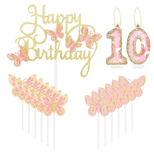 Happy 10th Birthday Schmetterling Kerzen Kuchen Cupcake Topper Rosa Gold Zahl 10 Kerze für Kuchen Mädchen 10. Geburtstag Kuchen Dekorationen Rosa Schmetterling 10. Geburtstag Kuchen Topper für von mciskin