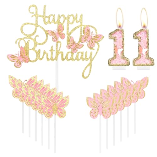 Happy 11th Birthday Schmetterling Kerzen Kuchen Cupcake Topper Rosa Gold Zahl 11 Kerze für Kuchen Mädchen 11. Geburtstag Kuchen Dekorationen Rosa Schmetterling 11. Geburtstag Kuchen Topper für von mciskin