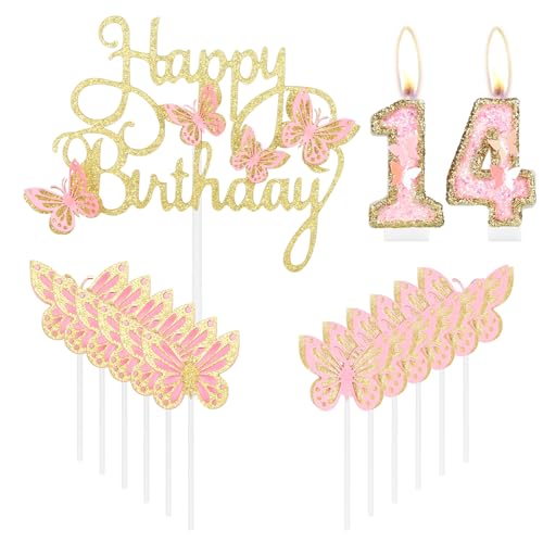 Happy 14th Birthday Schmetterling Kerzen Kuchen Cupcake Topper Rosa Gold Zahl 14 Kerze für Kuchen Mädchen 14. Geburtstag Kuchen Dekorationen Rosa Schmetterling 14. Geburtstag Kuchen Topper für von mciskin